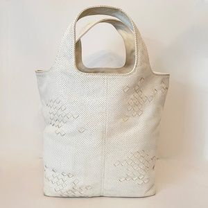Bottega Veneta Perforated Intrecciato Detail Regent White Leather Tote Bag